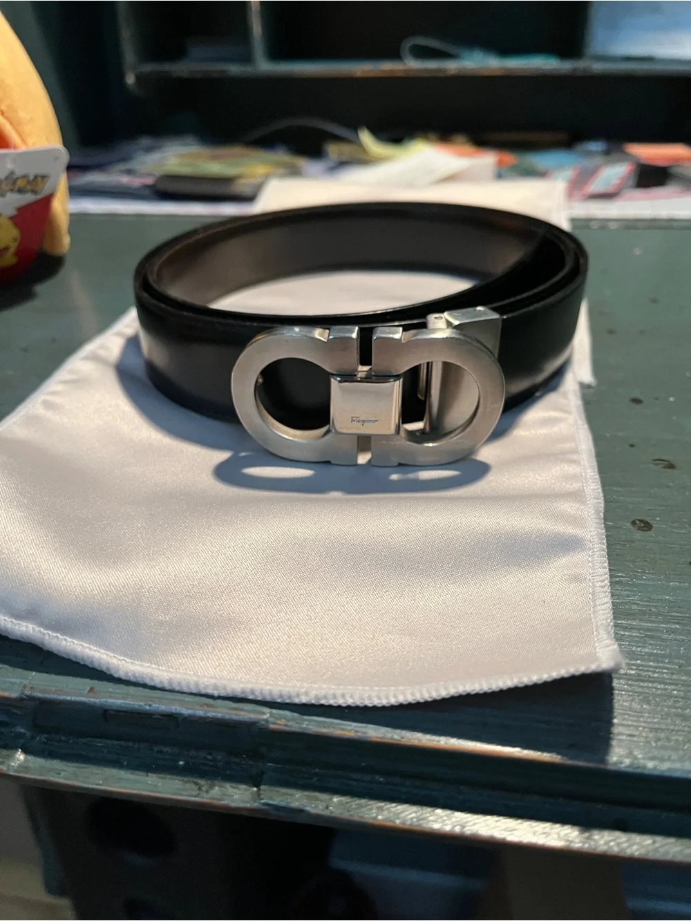 Salvatore Ferragamo Black Leather Belt with Silver Double Gancini Buckle
